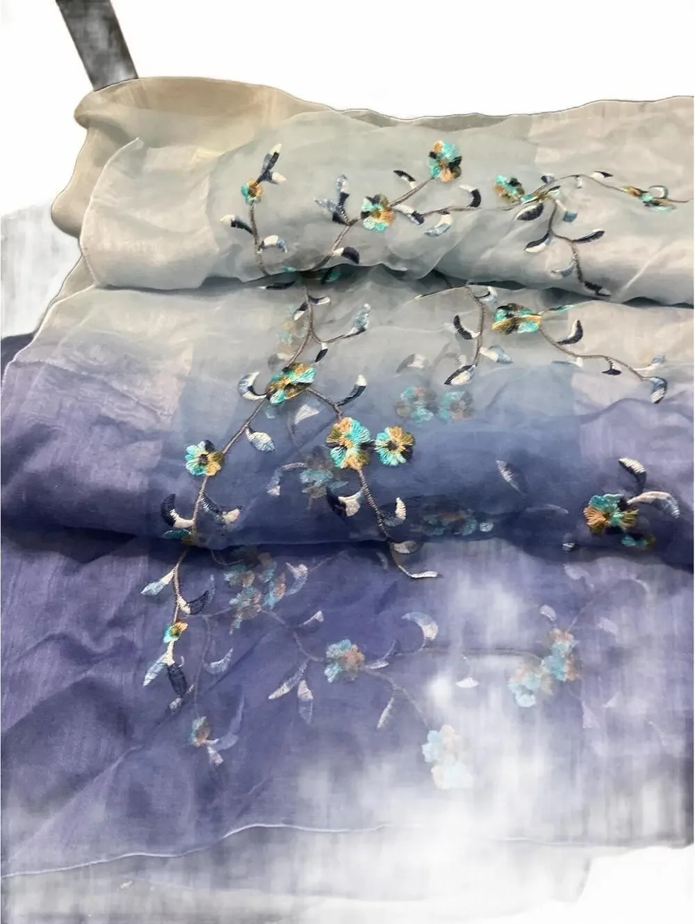 Light Blue to Navy Ombre Sheer Scarf/ Shawl with Floral Embroidery